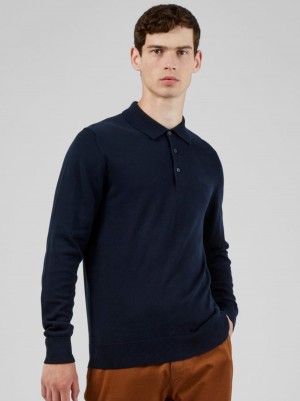 Ben Sherman Signature Long-Sleeve Polo-kaula-aukkoinen Villapaita Laivastonsininen | 9804-VBNPU