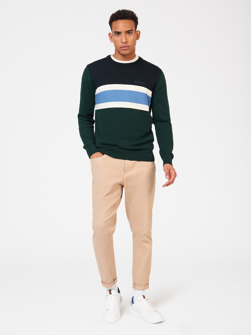 Ben Sherman Chest Stripe Crewneck Neuleet Tummanvihreä | 7928-QFKCD