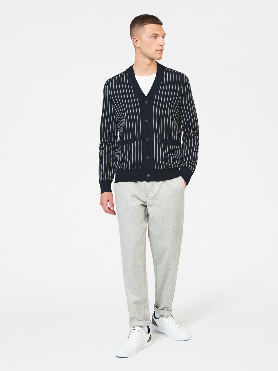 Ben Sherman Jacquard Stripe Cardigan Neuleet Laivastonsininen | 2196-VMRAN